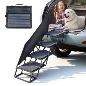 Dog Stairs for Car, 4 Steps Extra Wide Foldable Dog Ramp for Large Dogs with Non-Slip Rug Surface, Portable Lightweight Pet Ladder for Car, SUV, Truck